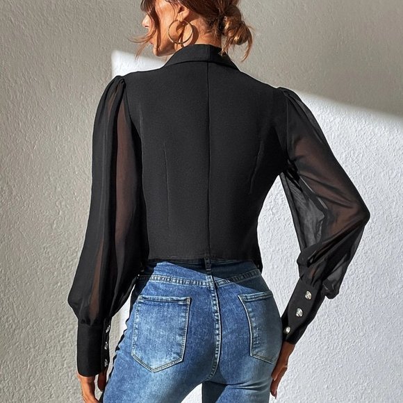 Black Boho Womens Contrast Mesh Bishop Sleeve Shawl Collar Blazer - Picture 3 of 6